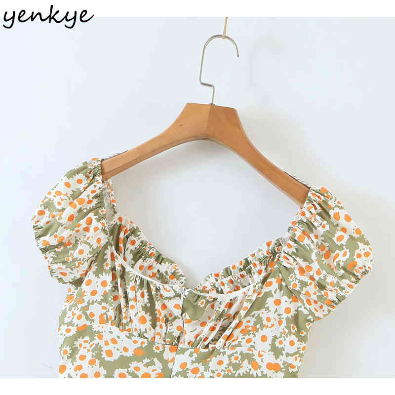 Sweet Summer Dress Women Vintage Floral Print kobieta sukienka Sexy Square Neck Short Sleeve A-line Mini Dress 210515