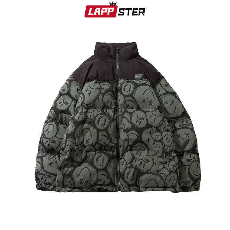 LAPPSTER Men Japanese Streetwear Puffer Jackets Winter Mens Full Print Fashions Bubble Coat Couple Patchwork Thick Parkas 211214Z