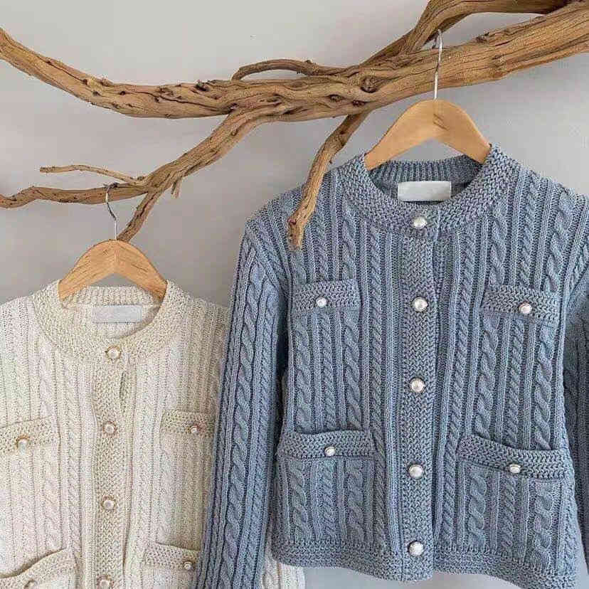 Knitted Sweaters Autumn Winter Knitwear Tops Women OL Long Sleeve Pearl Button Slim Twist Cardigan Sweater Coat 210421