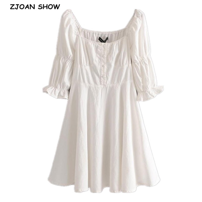 Cotton Elastic Square Collar Long Sheep Leg Sleeve Dress French Elegant Women Slim fit Swing A line White Dresses Vestido 210429