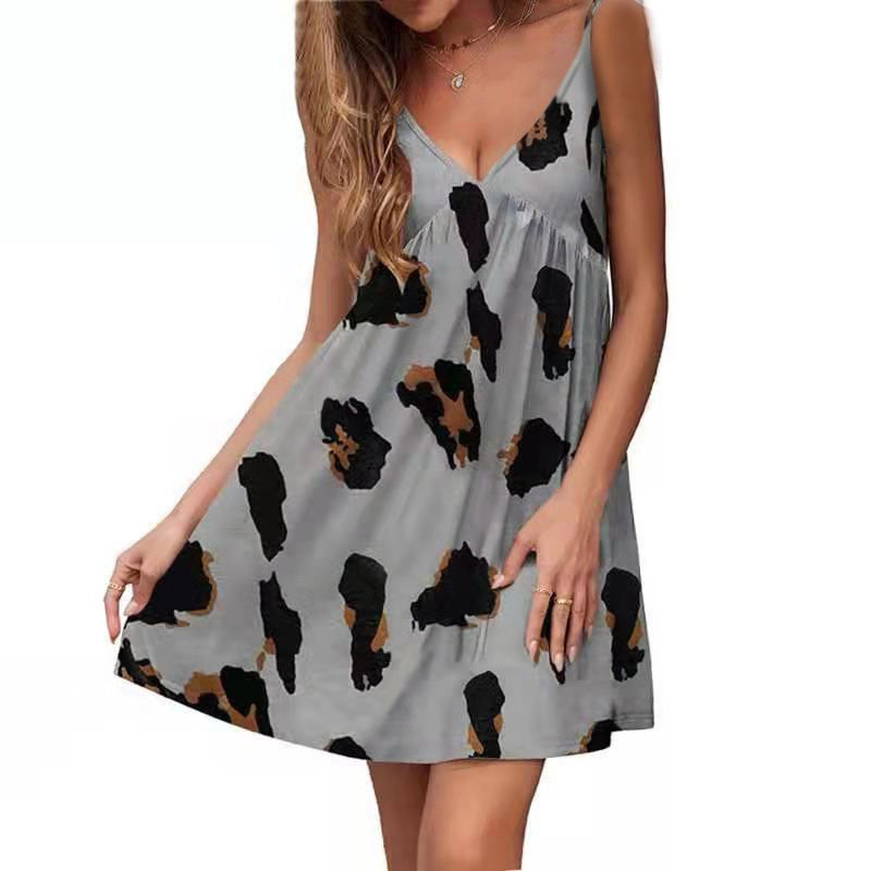 Sexy Women Summer A-Line Dress Casual Sling Sleeveless V-Neck Backless Leopard Print Loose Beach Mini Dresses Plus Size Vestidos 210522