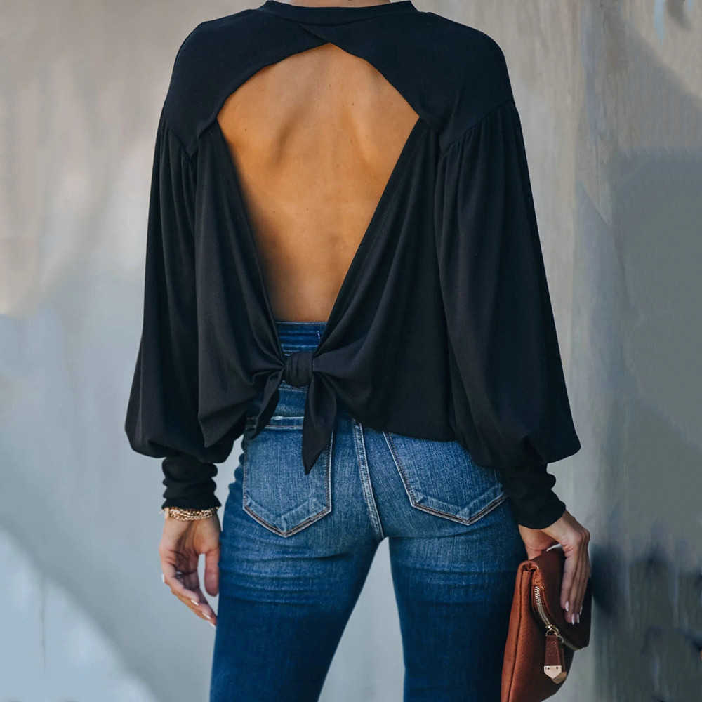 Sexy O Neck Backless T-shirts Women Autumn Casual Lantern Long Sleeve Back Hollow Out Bandage Bow Loose Pullover Tops Ladies 210526