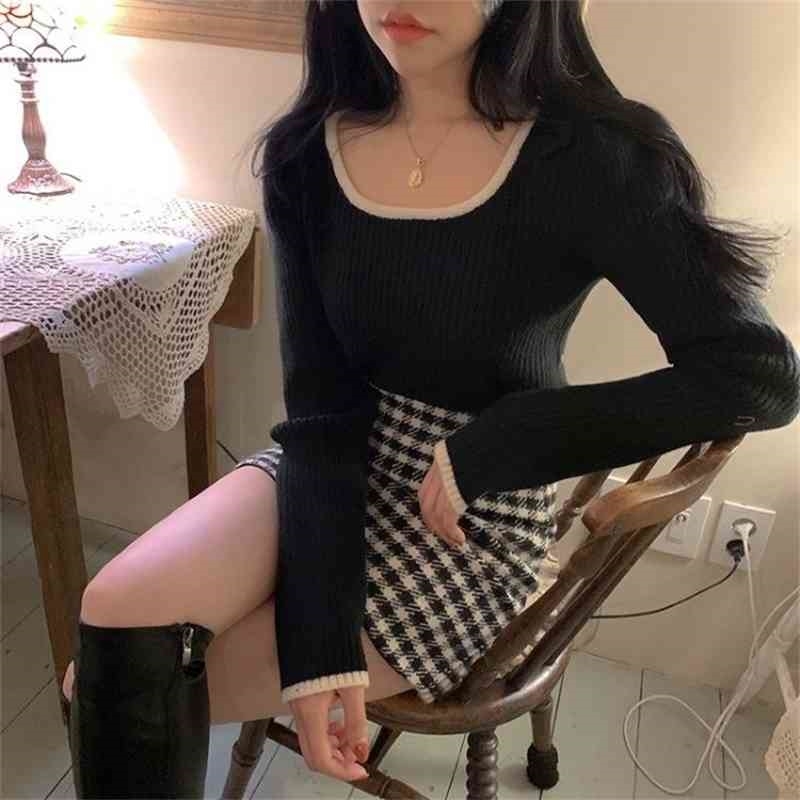Autumn Fashion Women Square Collar Cropped Sweater Female Korean Chic Elegant Umpers Knitted Pullover Pull Femme 210519