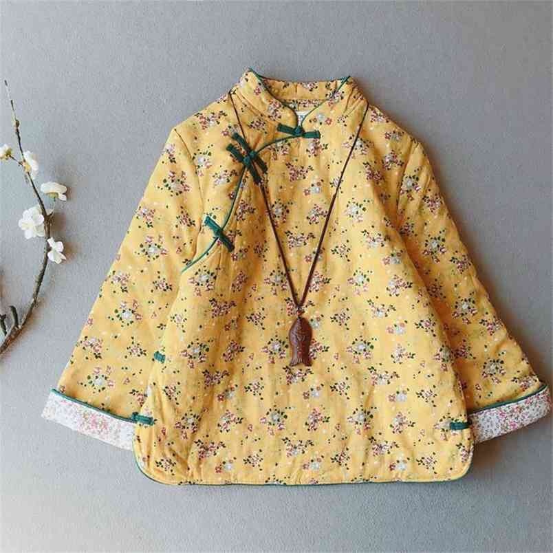 Autumn Winter Arts Style Women Long Sleeve Vintage Button Cotton Padded Coat Linen Loose Warm Print Jacket S49 210512
