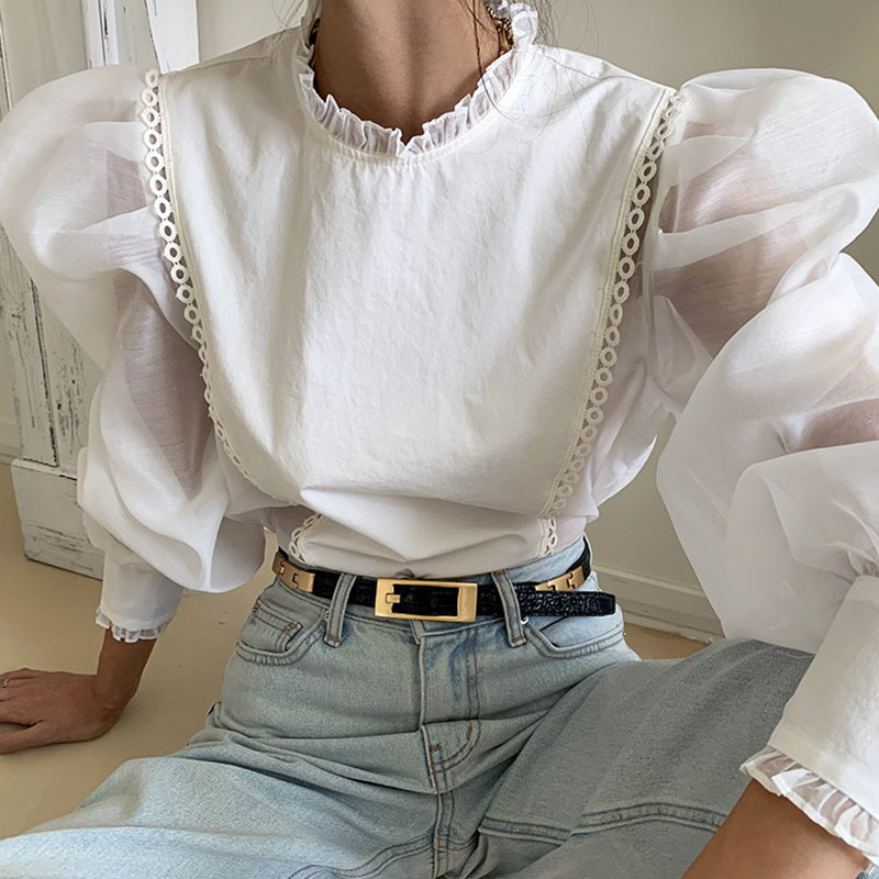 Nomikuma Ruffle Stand Neck Women Tops Korean Perspective Mesh Puff Sleeve Patchwork Blouse Causal Spring Blusas Shirt 6E115 210427