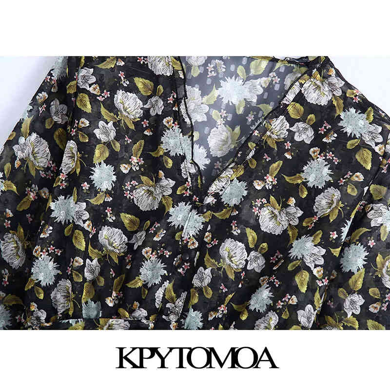 Women Fashion Semi-sheer Floral Print Ruffled Blouses Long Sleeve Elastic Waist Female Shirts Chic Tops 210420