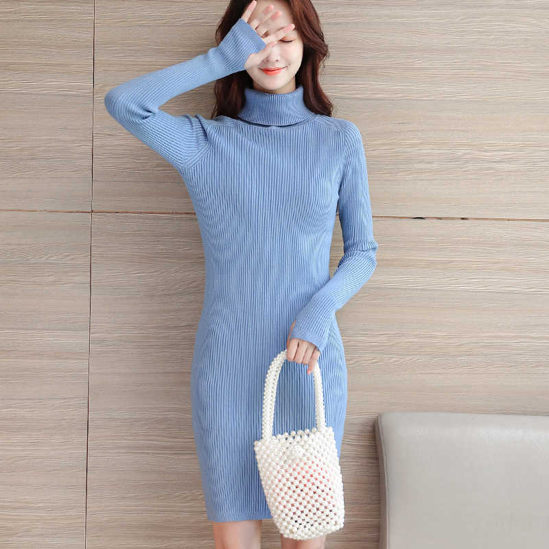 Korean Sweater Dress Fashion Women Knitted es Elegant Turtleneck Sweaters Knitting Plus size Winter es 210604