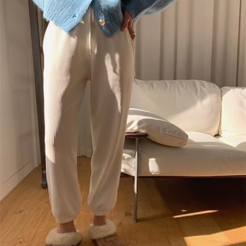 Spring Autumn Elegant Casual Sweatpants High Waist Straight Corduroy Pants Women Bottoms OL Solid Loose Trousers 210421