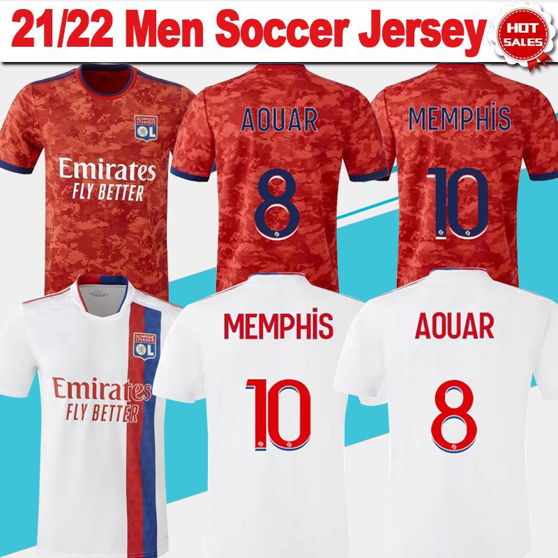 Olympique Lyonnais Home White Soccer Jersey 21/22 Memphis Brunog Bacha Lyon Away Red Soccer Shirt 2021/2022 Men Fans Version Cherki Lyons Fo-image