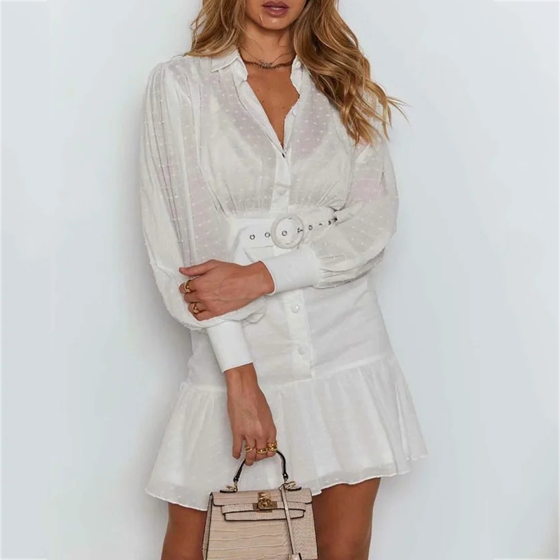 Polka Dot Dobby White Long Sleeve Dress Shirt Women Button Sash Transparent Short Dress Casual Spring Autumn Vintage Dress 210415