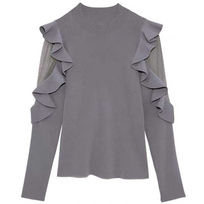Elegant Chic Ruffles Patchwork Flying Sleeve Slim Fit Pullovers O Neck Voile Knit Sweater Women Spring Casual Tops 210525