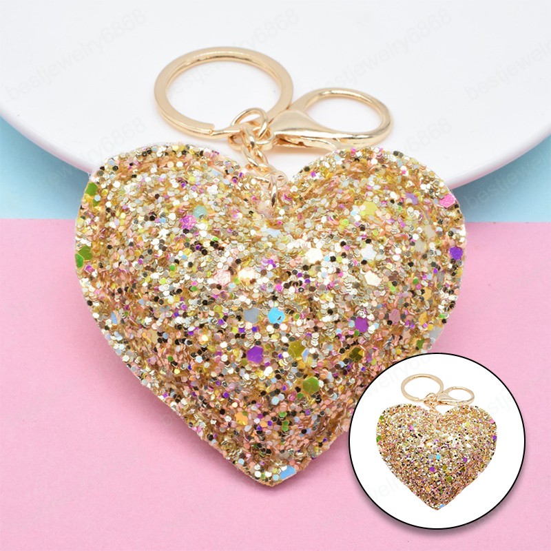 Sweet Glitter Love Keychain Flashing Sequin Key Chain for Women Backpack Pendant Key Ring Trinkets Handbag Ornament