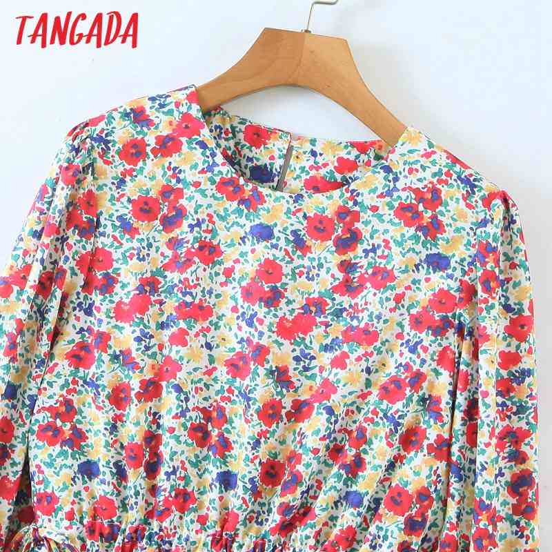 Women Flowers Pleated O Neck Long Sleeve Ladies Vintage Mini Dress Vestidos SL541 210416