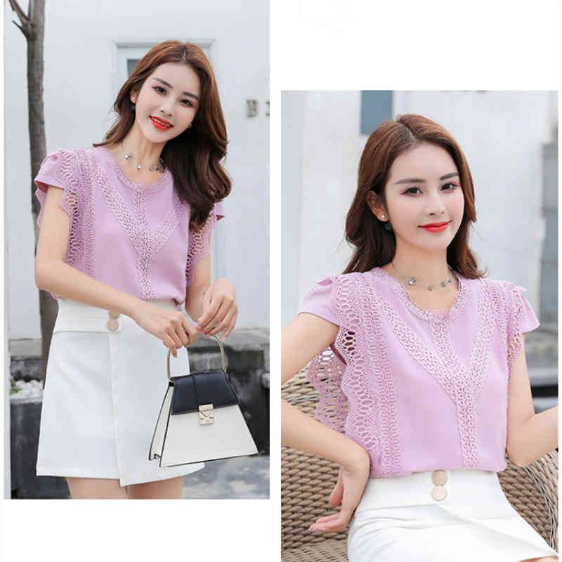 Summer Korean Fashion Clothing Plus Size Solid Sleeveless Women Tops and Blouses Lace Patchwork Spliced Shirt Blusas 4835 210518