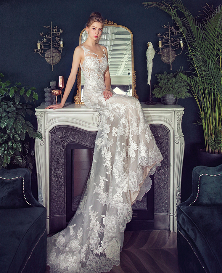 Romantic Lace Mermaid Wedding Dresses For Bride Sleeveless Straps Jewel Neck Long Bridal Gowns Appliqued Champagne Liling Ivory Wedding Dress