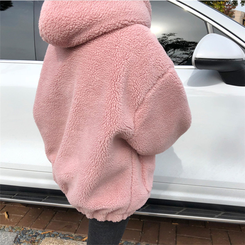 Autumn Winter OL Plus Size Casual Faux Lambwool Coat Women Hooded Fur Jacket Loose Solid Thick Warm Coats Female 210421