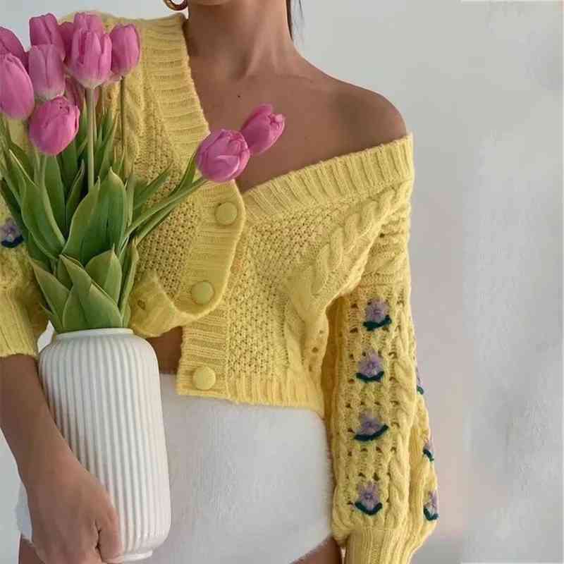 Foridol flower crochet yellow knitted cropped cardigan women casual oversized short sweater cardigan vintage lantern sleeve top 210415