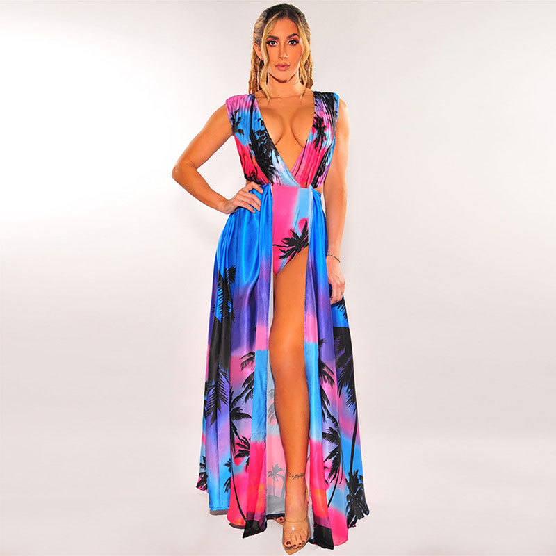 Boho Palm Print Plunge Cut Out Slit Maxi Dress Womens Sleeveless High Sundress Beach Vacation Outfits A881 210420