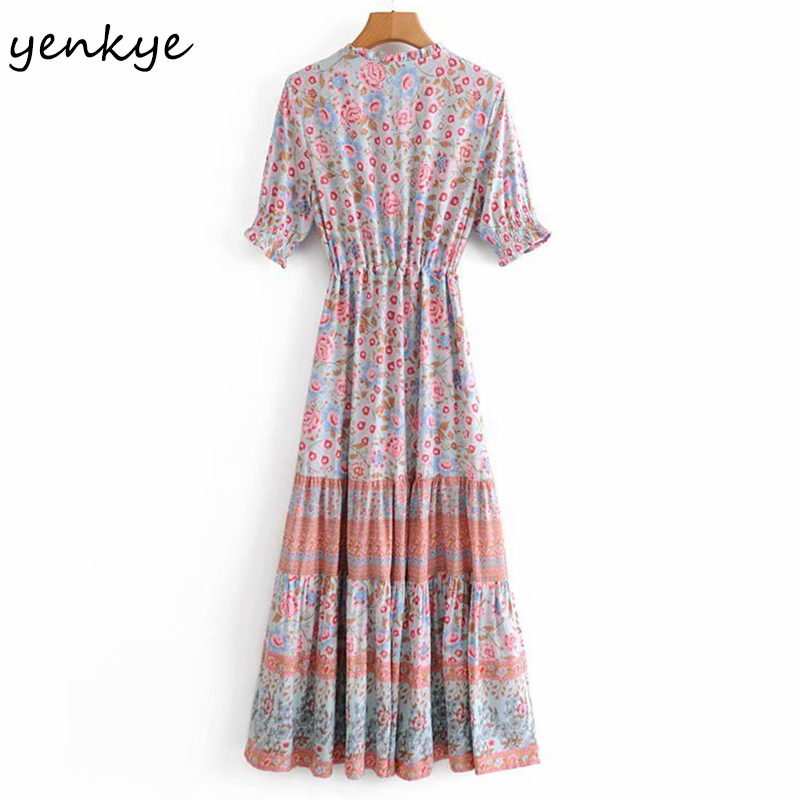 YENKYE Vintage Floral Print Boho Long Dress Women Lace Up V Neck Drawstring Waist A-line Casual Holiday Summer Dress Plus Size 210515