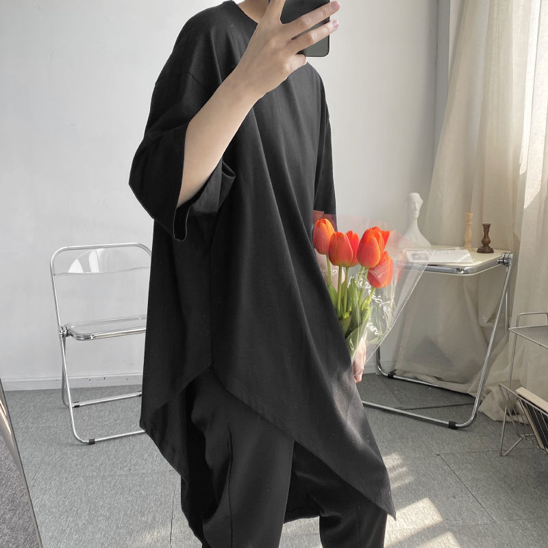 IEFB Non Iron Short Sleeve Loose Round Neck Casual Solid Color T-shirt Men's Asymmetric Mid Length White Tee 210524