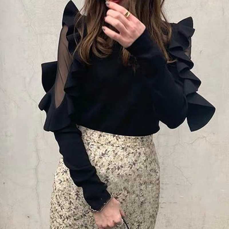 Elegant Chic Ruffles Patchwork Flying Sleeve Slim Fit Pullovers O Neck Voile Knit Sweater Women Spring Casual Tops 210525