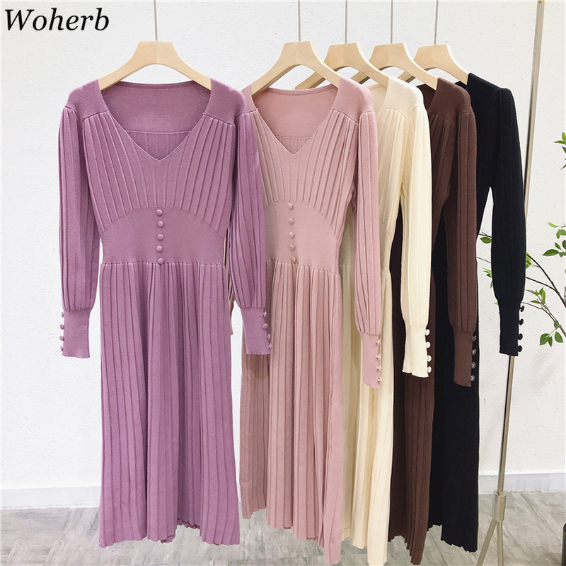 Vintage Pleated Dress Women Fall Clothes Long Robe V-neck Slim Knitted Sweater Dresses High Waist Elegant Woman Vestidos 210519