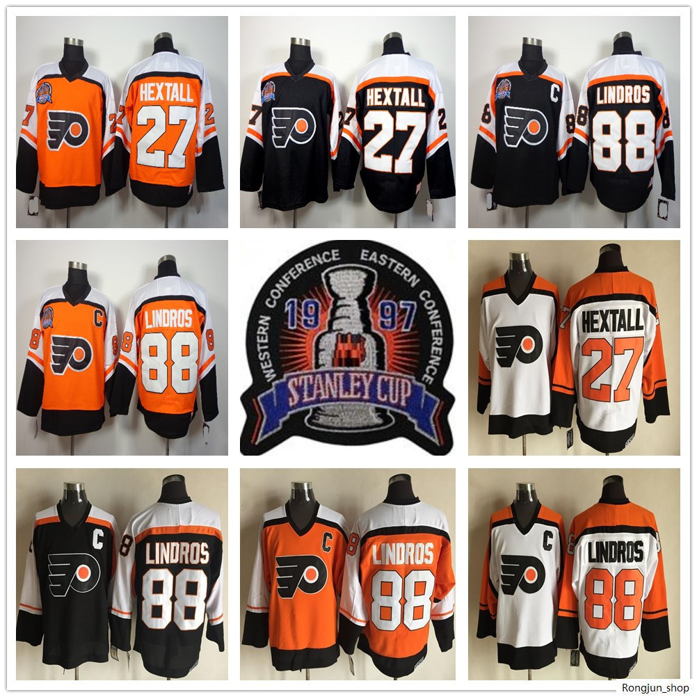 1997 Stanley Cup Finals Philadelphia Flyers #27 Ron Hextall Hockey Jersey Black Orange White Retro #88 Eric Lindros Vintage Stitched Jerseys
1997 Stanley Cup Finals Philadelphia Flyers #27 Ron Hextall Hockey Jersey Black Orange White Retro #88 Eric Lindros Vintage Stitched Jerseys