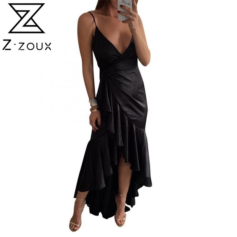 GETSPRING Women Dress Ruffles V-Neck Sexy Mermaid Dresses Plus SIze Asymmetry Balck Vintage Long Summer 210513