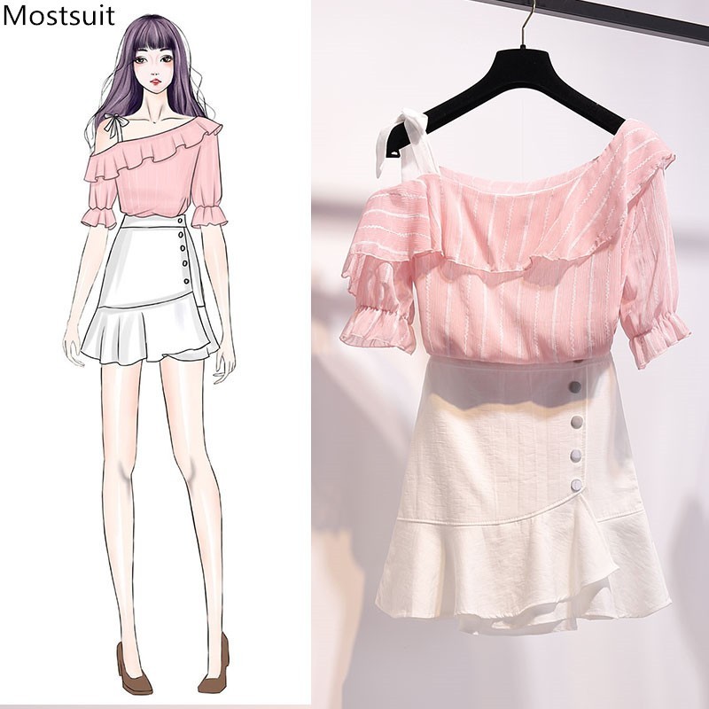 Summer Fashion Elegant Two Piece Set For Women Short Sleeve Off The Shoulder Striped Tops And Mini Skirt Outfits Korean 210514