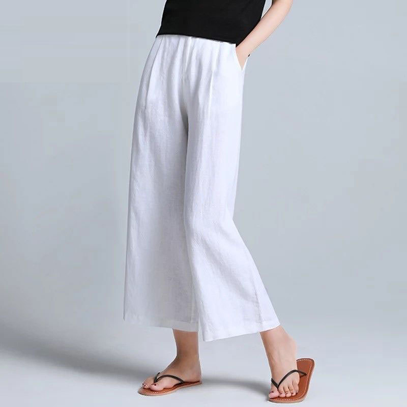 Summer Women Loose Ankle-length Pants Plus Size Elastic Waist Casual Wide Leg Solid Cotton Linen D56 210512