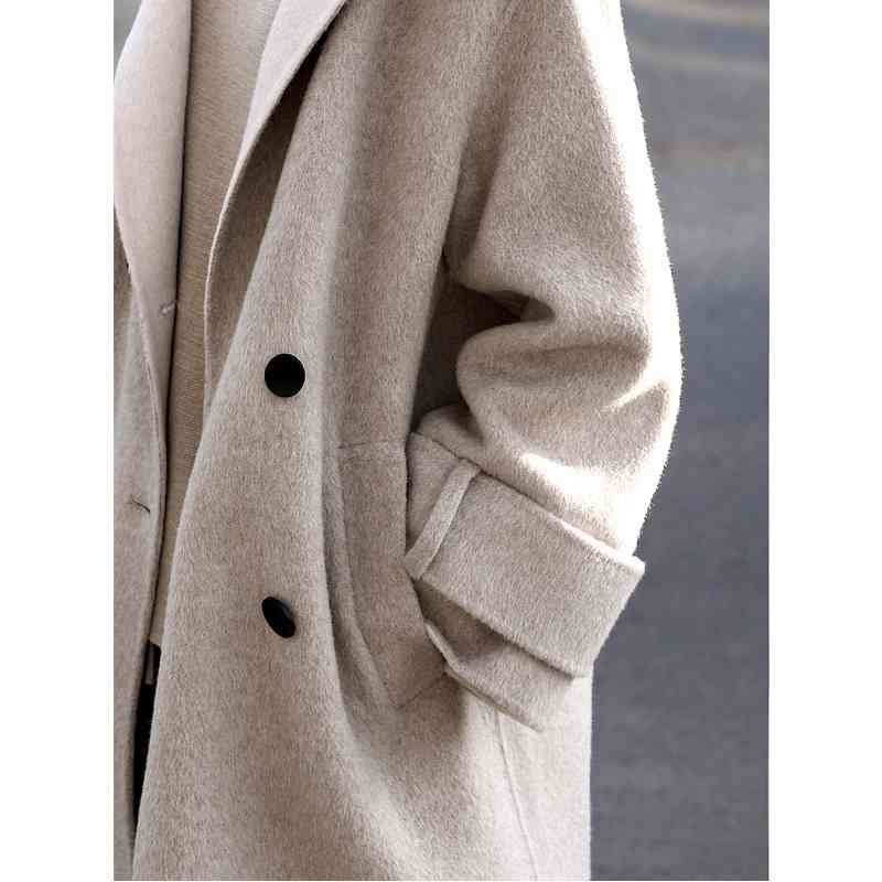 Winter Women Chic Lapel Woolen Coat Vintage Female Double-sided Suit Collar Loose Mid-Length Jacket Overcoat 11820108 210527
