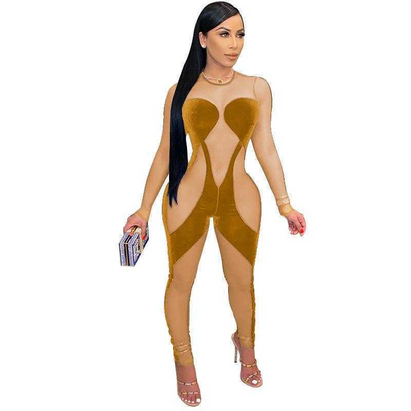 Autumn and winter large size women jumpsuits clothing gold velvet mesh splicing perspective sexy nightclub long sleeve Jumpsuit S-4XL