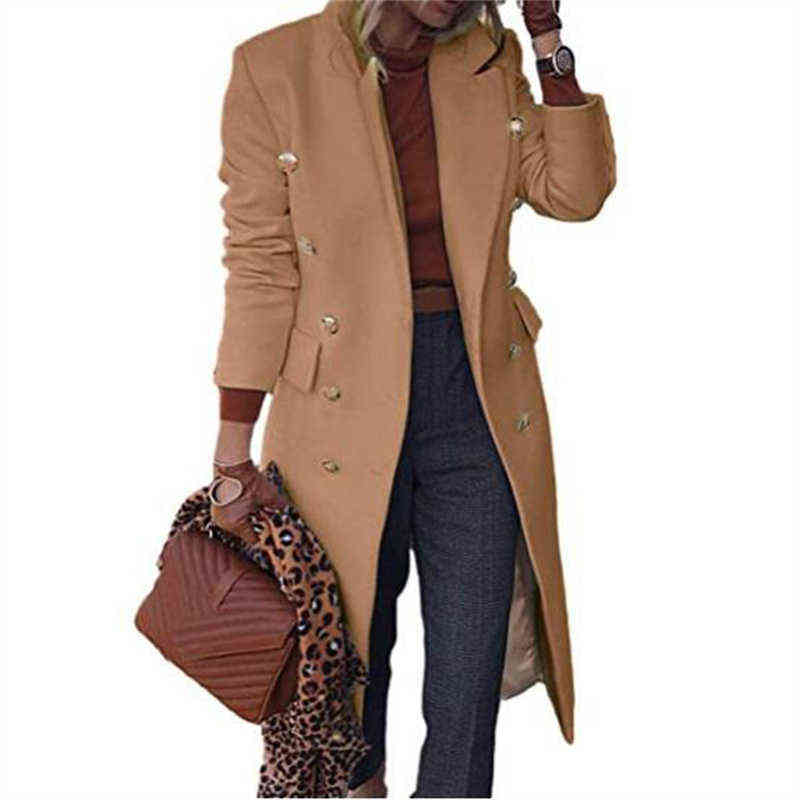 Woolen Coat Women White Pink Khaki Lapel Fashion Slim Tops Autumn Winter Plus Size Temperament Long Blends Jacket GH517 211106