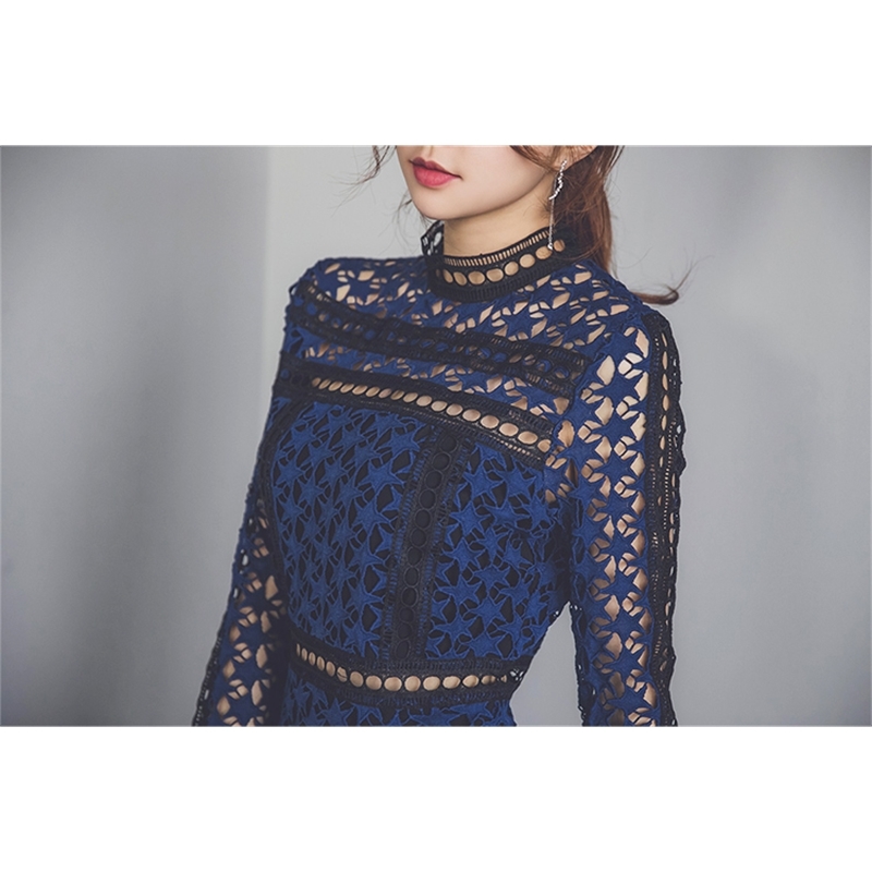 HIGH QUALITY est Summer Self Portrait Dress Women's Long Sleeve Hollow Out Cascading Lace 210520