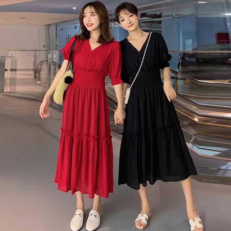 Summer Dress Vintage Women Loose Solid V Neck Button Elastic Waist Ruffle Long Ladies es Vestidos Plus Size 4XL 210526