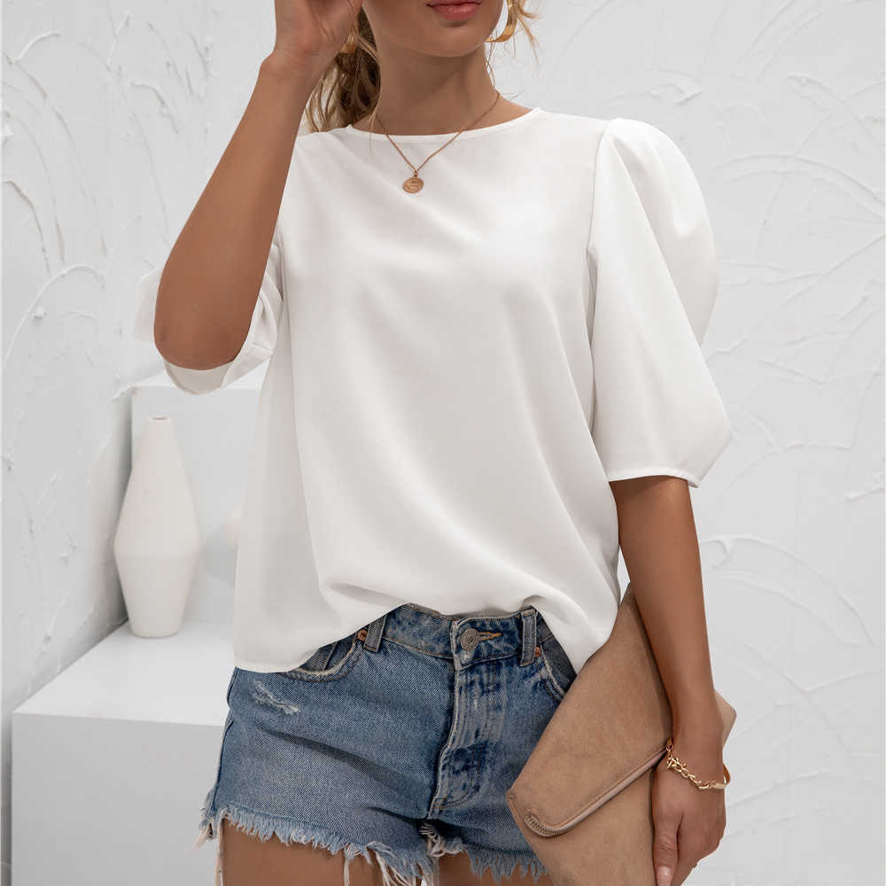 Summer Solid Color O Neck Short Lantern Sleeve T Shirt Women Fashion Commute Loose Casual Harajuku Style Concise T-shirt 210608, Blue
Summer Solid Color O Neck Short Lantern Sleeve T Shirt Women Fashion Commute Loose Casual Harajuku Style Concise T-shirt 210608, Blue