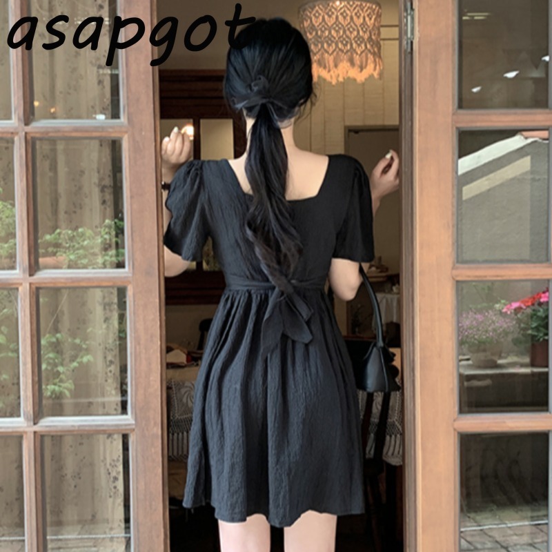 Vintage Short Sleeve Square Neck Purple Dress Women Mini Girls Gentle Slim Waist Summer Temperament Vestido Mujer Clothes 210429