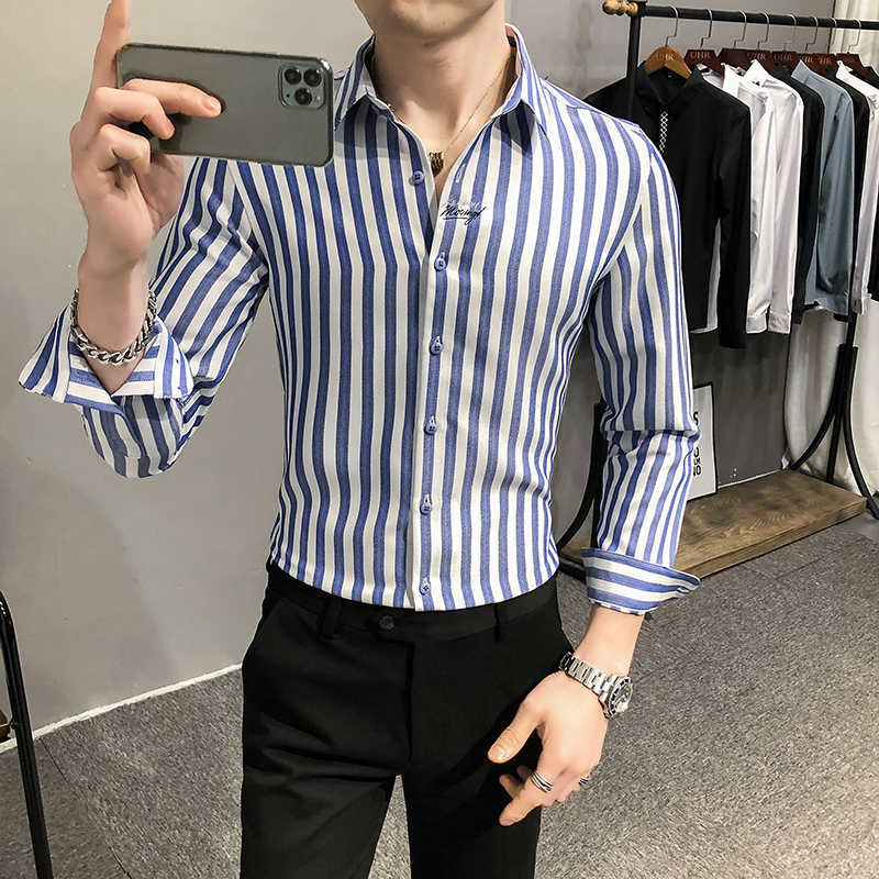 Striped Shirts Men Formal Business Casual Shirt Spring Long Sleeve Slim Fit Streetwear Chemise Homme Social Party Blouse 210527, Blue
Striped Shirts Men Formal Business Casual Shirt Spring Long Sleeve Slim Fit Streetwear Chemise Homme Social Party Blouse 210527, Blue