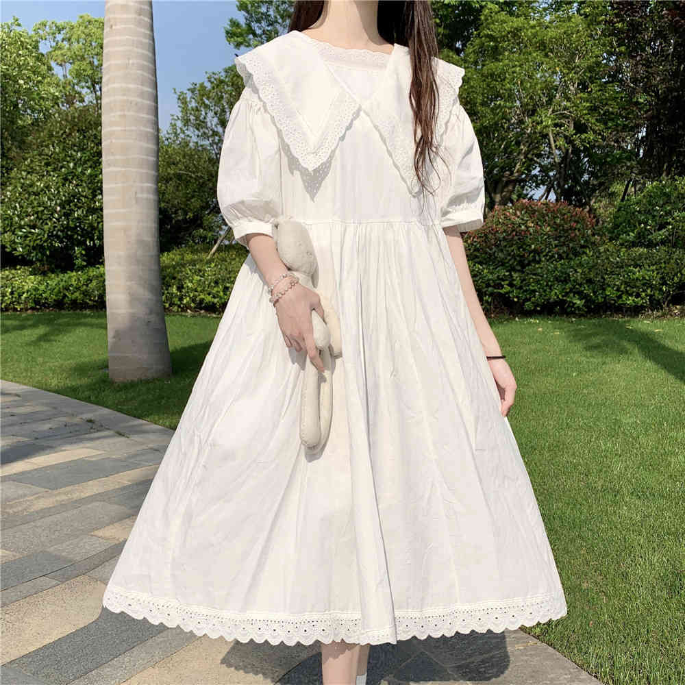 Japanese Sweet Cute Big Lapel Dress Summer Fashion Lace Patchwork White Casual Kawaii Party Dresses 210519
