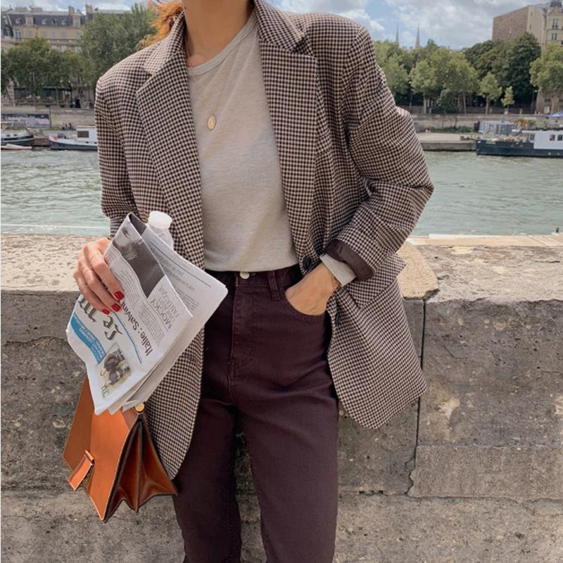 OL Work Wear Vintage Houndstooth Plaid Blazer Women Autumn Elegant Chic Cardigan Loose Suit Jack Female Blazers 210421