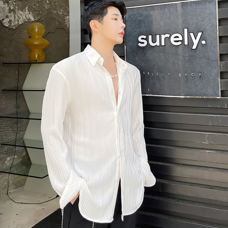 IEFB Korean Trend Solid Color Stirped Long Sleeve Black Shirt For Male Fashion White Lapel Causal Shirts 9Y7395 210524