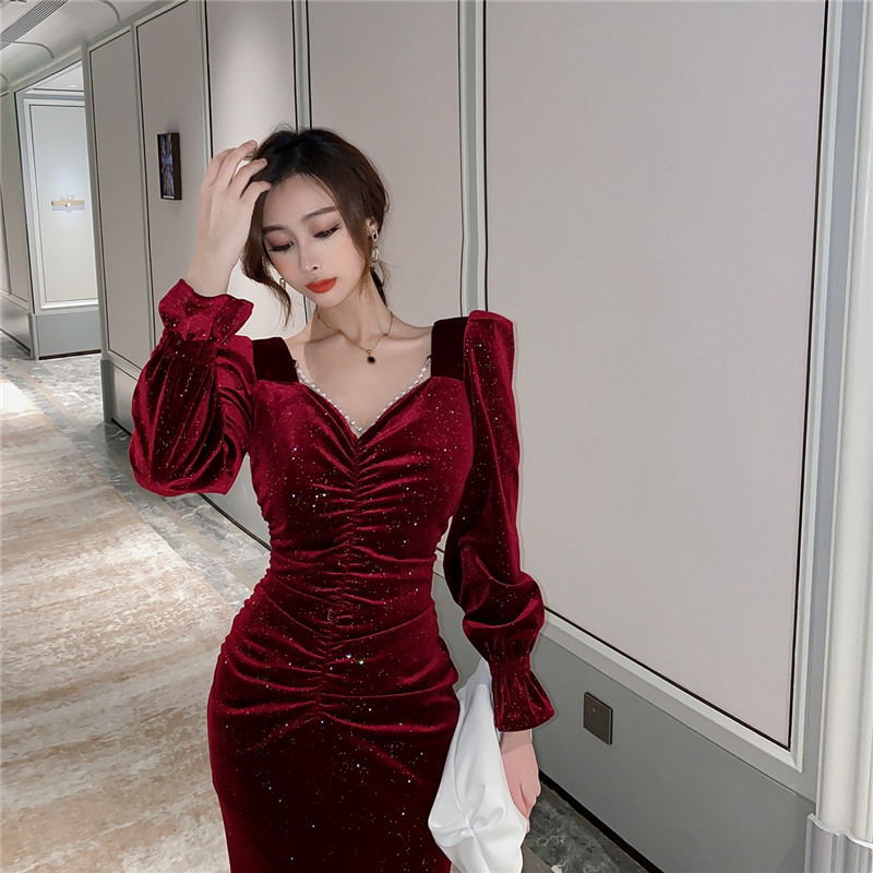 Women Solid Elegant Velvet Long Trumpet Mermaid Dress Spring Autumn Female Clothing 210520