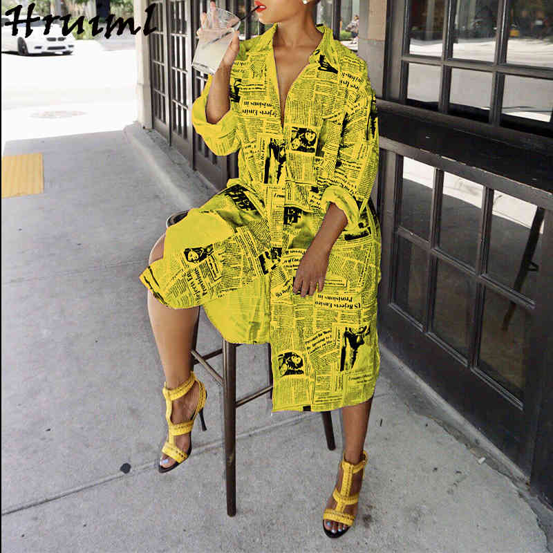 Fashion spaper Print Dresses Women Autumn Long Sleeve Oversize Ladies Maxi Casual High Street Chic Plus Size 210513