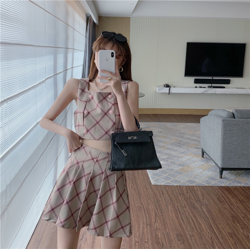 Summer 3 Piece Set Women Sweet White Puff Sleeve Short Shirt + Plaid Double Breasted Vest High Waist Pleated Mini Skirts 210519