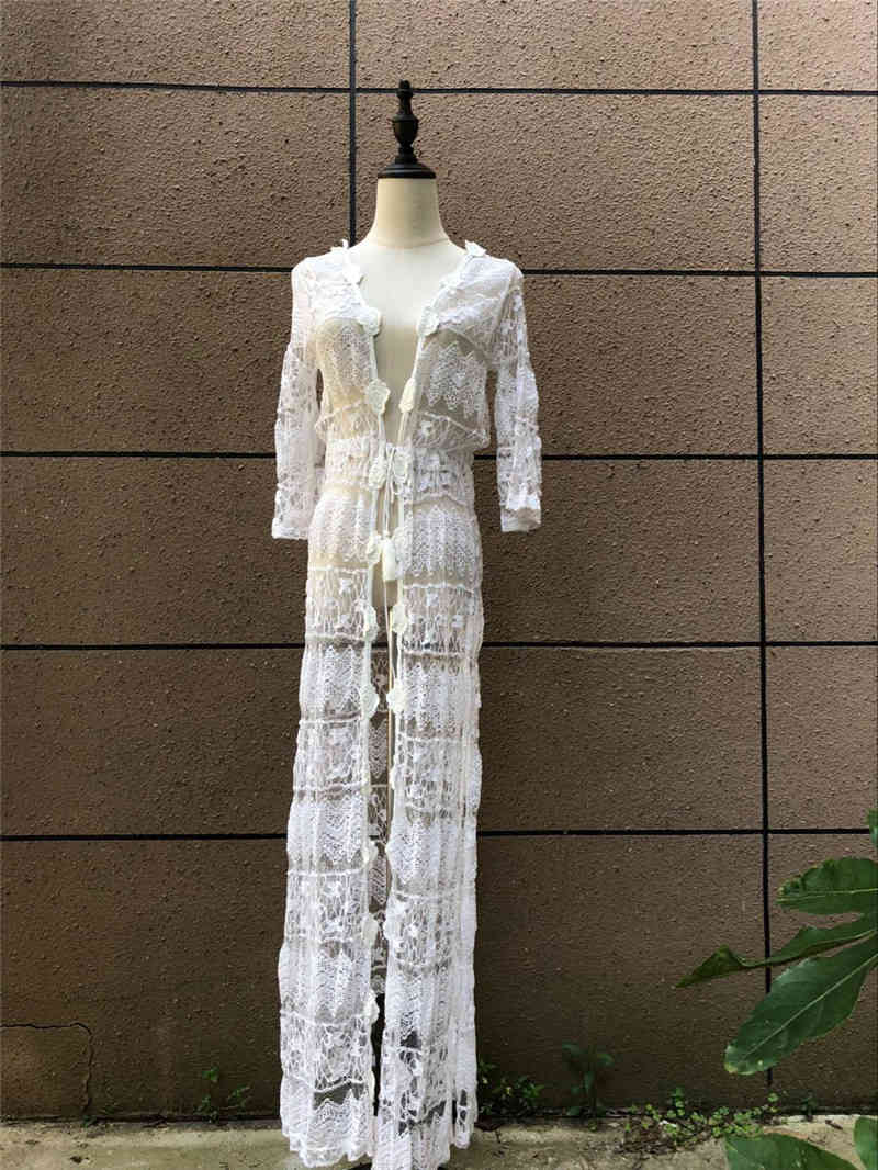 Long Lace Beach Cover up Robe de Plage Swimsuit Saida Praia longa Women Bathing suit cover Tunics for #Q532 210420