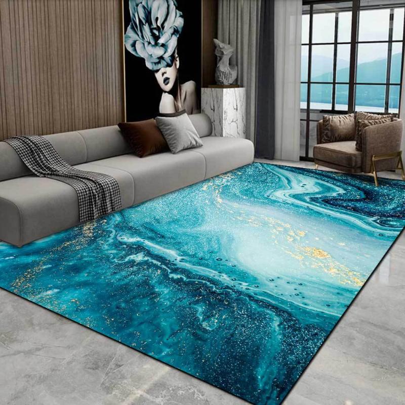 Carpets Nordic Luxury Abstract Living Room Area Rug Watercolor Blue Green Ocean Fluid Marble Gilt Golden Carpet Bedroom Bedside Non-Slip