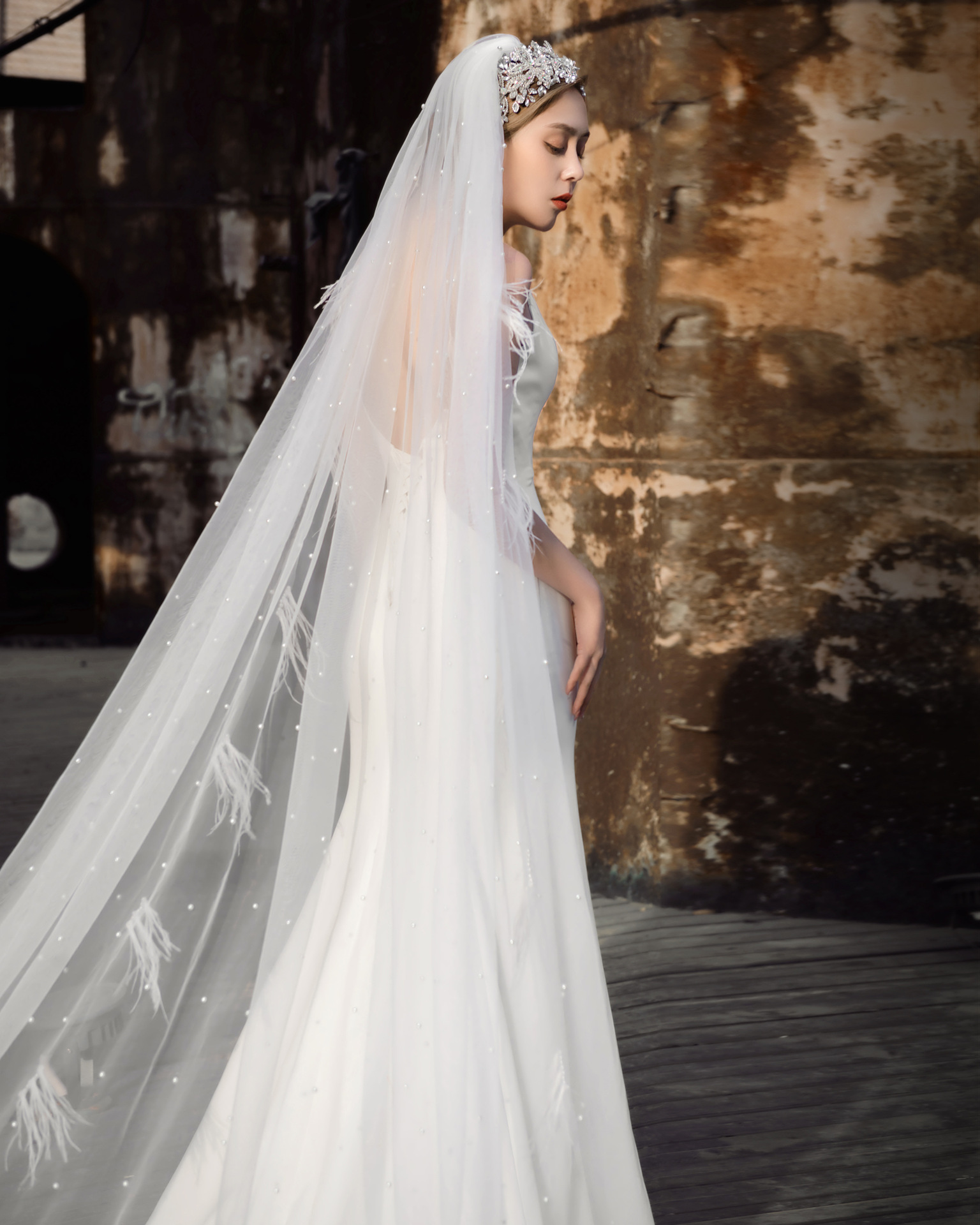 Wedding Veils Lace Appliqued Oner Layer 3 meter Custom Made Applique Race Feather Pearl Veils with Comb Bride Bridal Accessories