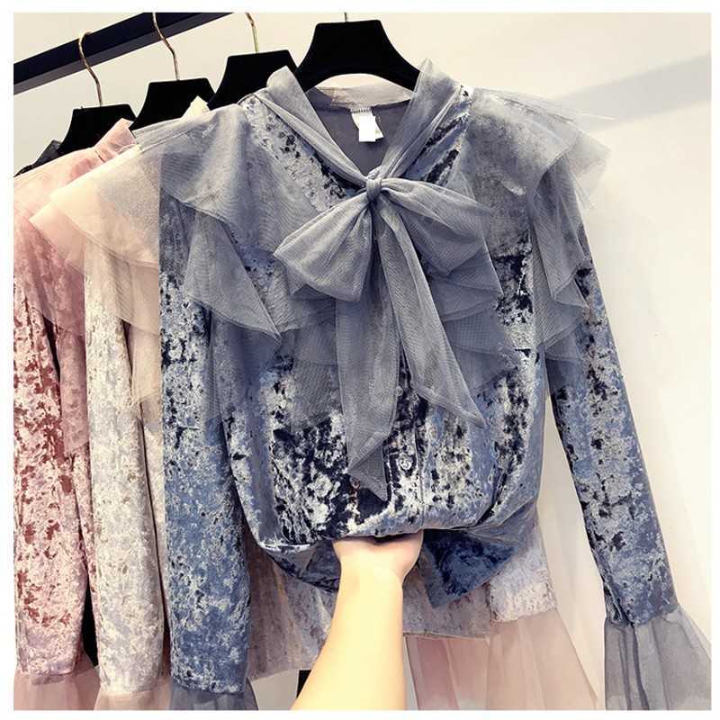 Women's Tops Fashion Ruffles Blouses Shirts Velvet Grey Pink Girl's Clothes Ladies White Black Spring Fall 210601
Women's Tops Fashion Ruffles Blouses Shirts Velvet Grey Pink Girl's Clothes Ladies White Black Spring Fall 210601