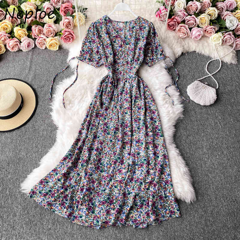 Sexy V-neck Lace Up Femme Vestidos Summer Flower Print A-line Dresses Women Fashion High Waist Big Swing Dress 210422Z