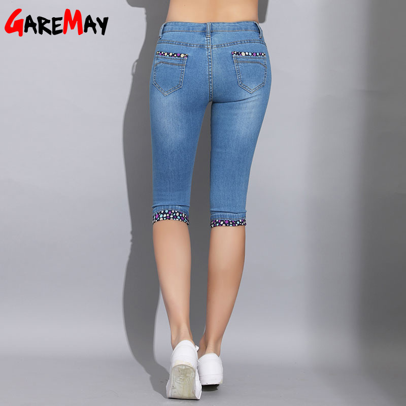Skinny Capris Jeans Woman Summer Blue Denim Knee Length Women's Polka Dot Pants Capri for Women Jean Femme 210428